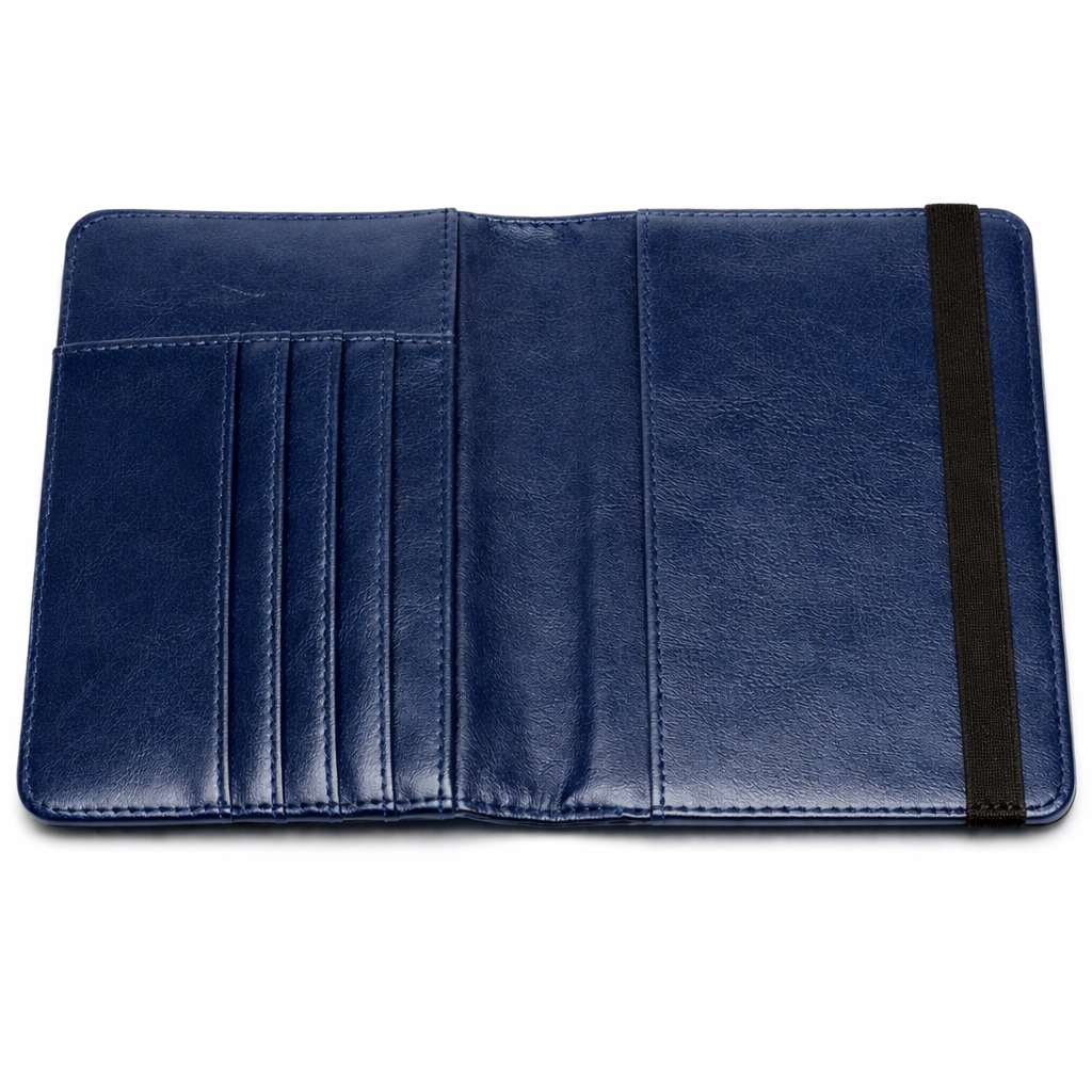 Blue leather wallet with black interior on a white background