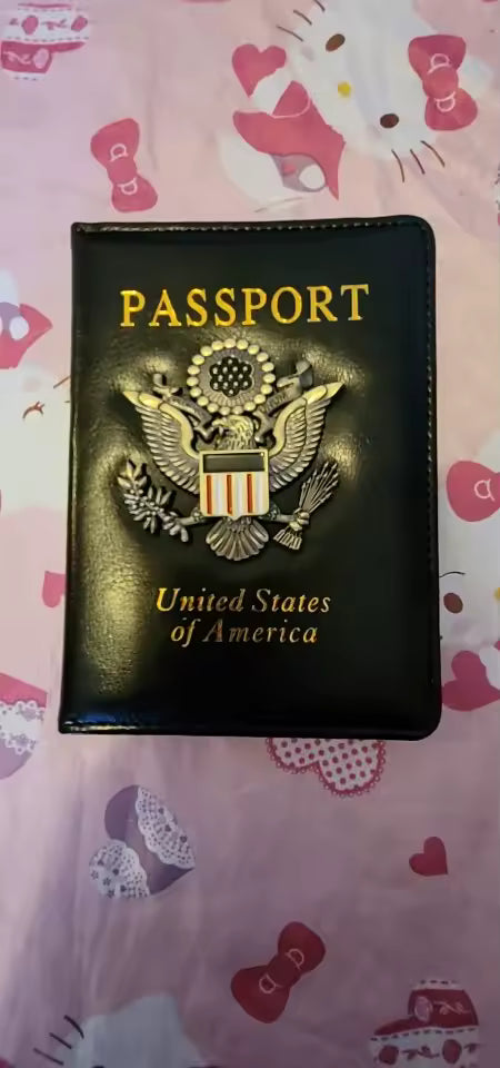 United States passport cover on a pink background with cartoon designs